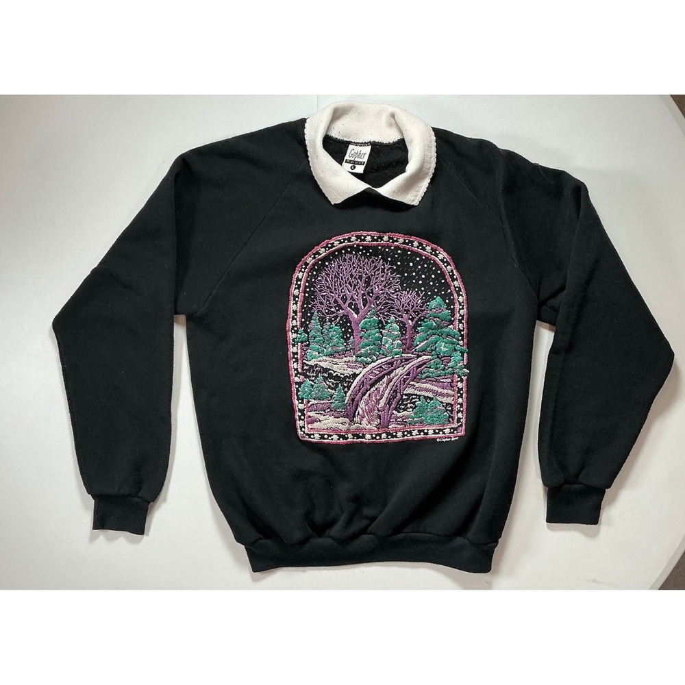VTG Winter Landscape Granny Snow Christmas Tree Sweatshirt Women L Black
